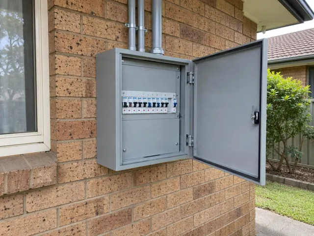 Outdoor switchboard mounted on a brick wall beside a window with the door open in New Lambton Heights